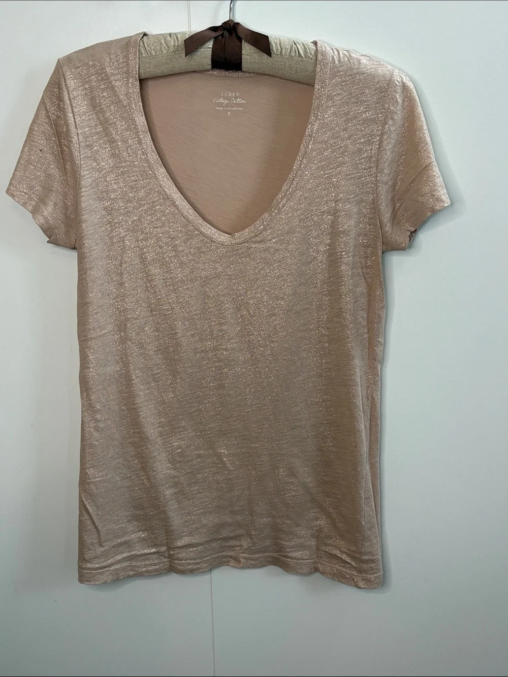J. Crew Vintage Metallic V-Neck Short Sleeve Tee in Rose Gold S